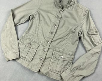 Khaki Green Button-Up Utility Jacket, Military Style