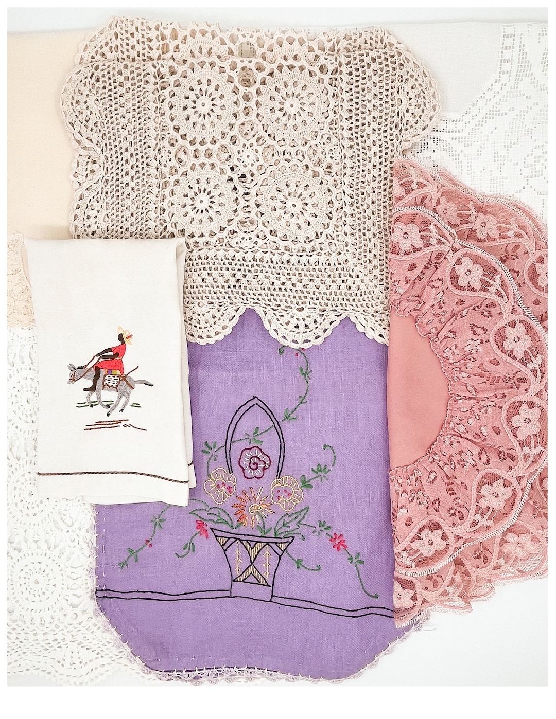 Vintage Linens Lot Bundle of 7 Table Linens, Embroidered, Crochet Table