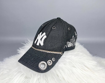 Upcycled NY Yankees Baseball Cap, New York Skyline Embroidery, Grommets & Chain