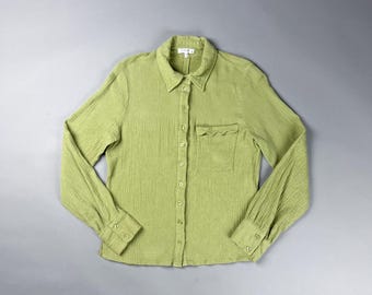 Y2K Light Green Textured Button-Up Shirt, Whimsical Spring