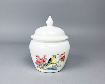 Avon Apothecary Jar | Vintage 70's White Milk Glass Jar with Bird & Japanese Blossoms Scene |  Dresser Jar or Small Container