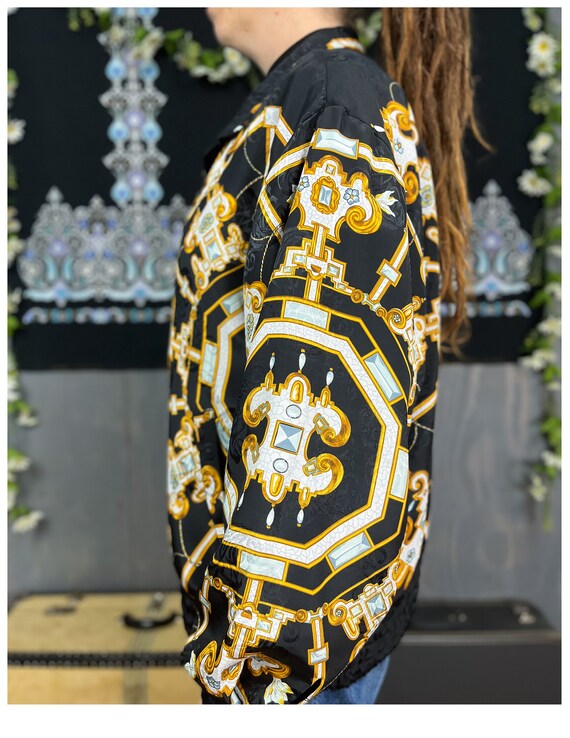 Scarf Print Jacket | Vintage 90's Black & Gold Ba… - image 6