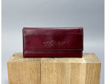 Leather Clutch Wallet | Vintage 80's Burgundy Wine Foldover Women's Wallet with Small Engraved Design Detail