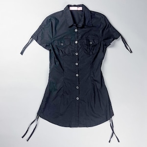Y2K Black Short Sleeve Button-Up Mini Shirt Dress with Drawstring Details