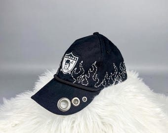 Reworked Oakland Raiders Hat, Hand Embroidered Flames, Grommets, Distressing