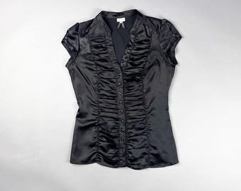 Y2K Black Satin Ruched Front Button-Up Blouse