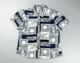Vintage Short Sleeve Button-Up Blouse with Black and White Mixed Patterns