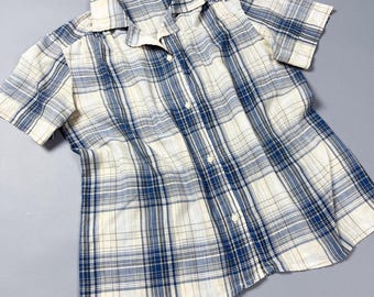 Vintage Plaid Shirt, Women's Short Sleeve Lightweight Button-Up Shirt
