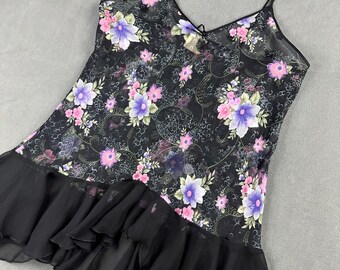Floral Babydoll Camisole, 90's Sheer Ruffle Hem Flowy Lingerie