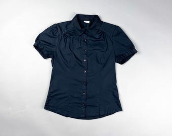 Y2K Black Cap Sleeve Button-Up Shirt, Women's Vintage