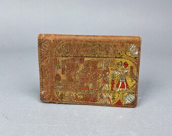 Leather Bifold Wallet | Vintage 50's Distressed Men's Fold Over Wallet with Egyptian Hieroglyphs Graphics