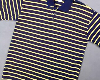 Men's Navy and Yellow Striped Polo Shirt, Oversized