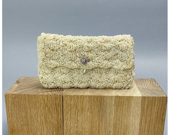 Small Vintage Clutch | Cream Faux Beaded Lightly Distressed Victorian Style Women's Tiny Purse