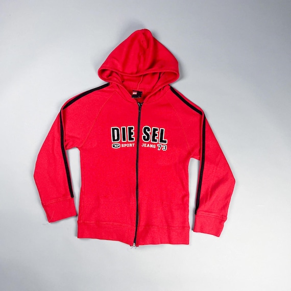 Y2K Diesel Hoodie, Red Zip-up Sweater With Black Stripe - Etsy