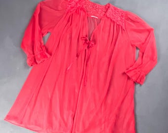 Vintage Sheer Red Lingerie Robe, Puffy Nylon Chiffon with Open Front