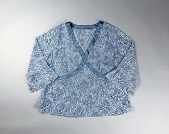 Y2K Blue Patterned Long Sleeve Sheer Blouse with Satin Trim