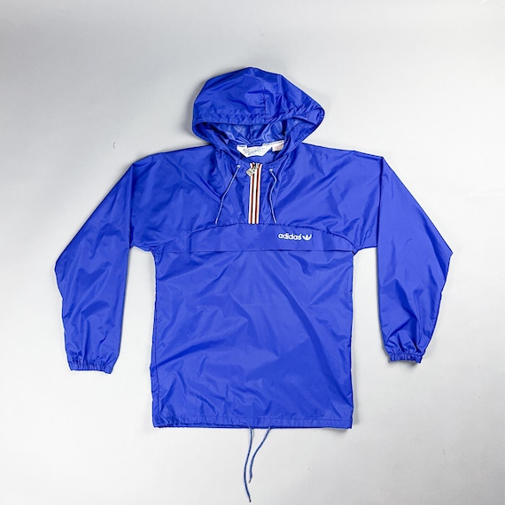 Vintage Adidas Windbreaker 80 s Blue Pullover Quarter Zip Nylon Rain Coat With Hood Fold Away Fanny Pack Size Small Etsy Canada