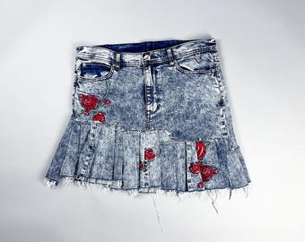 Y2K Pleated Denim Mini Skirt – Upcycled Jean Skirt, Asymmetrical Grunge Festival