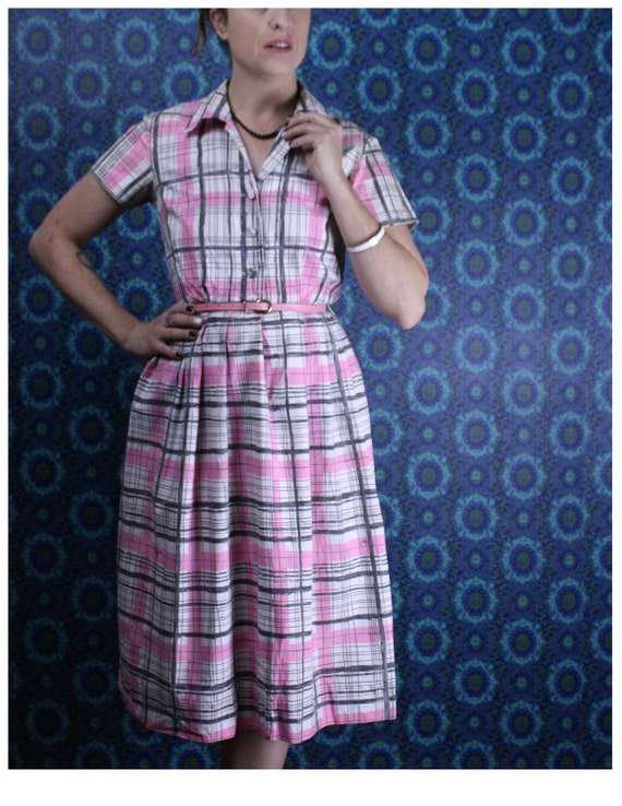 1950's Pink Plaid Day Dress, Size Small