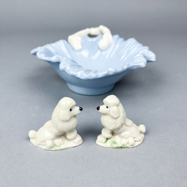 Vintage Gift Set | 1940's Falcon Ware Blue Leaf Shaped Trinket Dish & Two Wades Whimsies Poodle Figurines | Dresser Top Decor | Gift for Her
