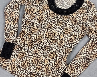 Y2K Leopard Mesh Top, Long Sleeve with Black Lace Trim