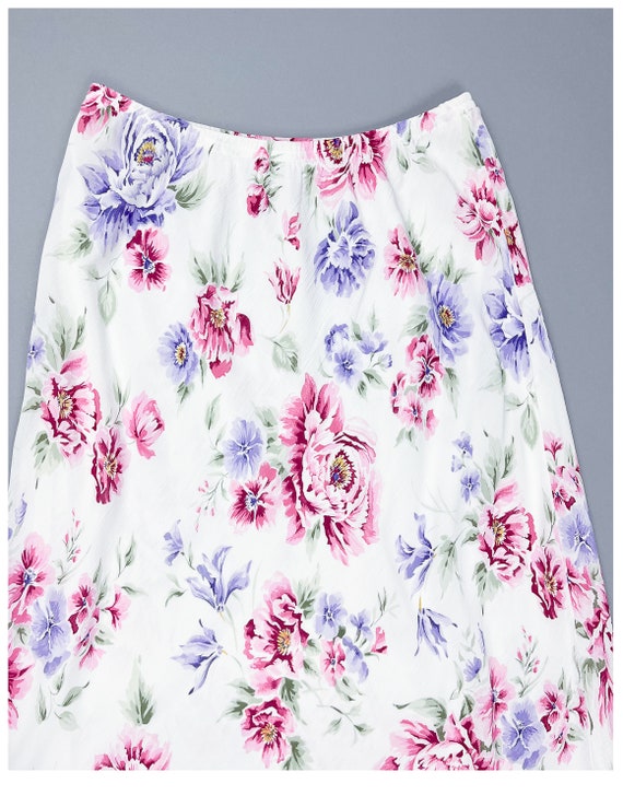 Floral Slip Skirt | Vintage 90's Bias Cut White R… - image 3