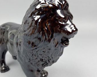 Ceramic Lion Figurine | Vintage 70's Dark Brown Male Lion Figure | Animal Art Decor