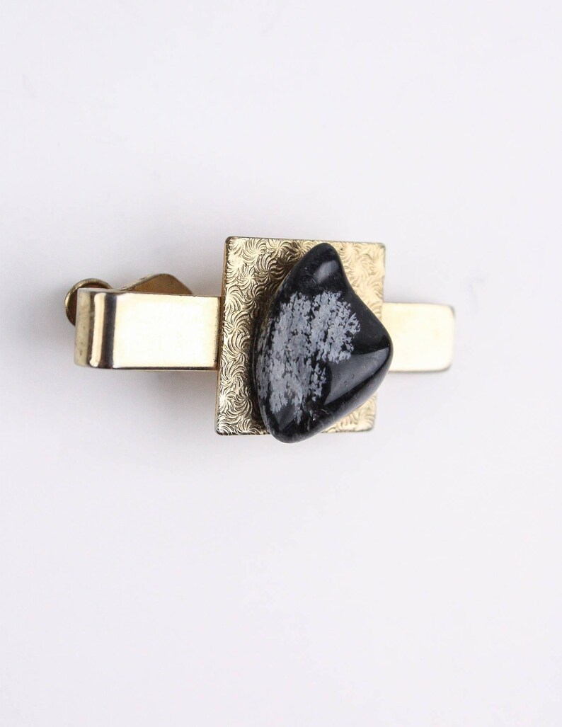 Swanky Men/'s Jewellery 1970/'s Tie Clip Black Obsidian Gold Tone Setting