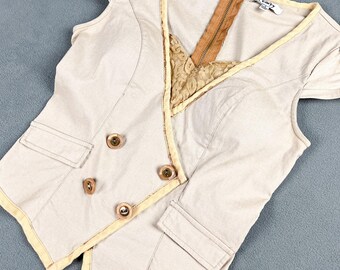Y2K Tailored Top, Beige Cap Sleeve Double Breasted Button Front