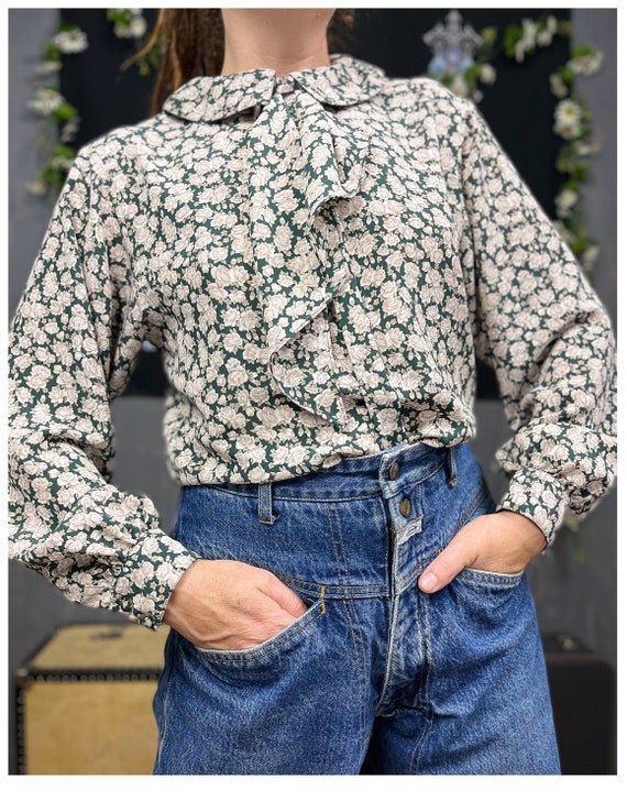 Rose Patterned Blouse | Vintage 90's Dark Green &… - image 3