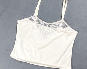 Vintage Pastel Yellow Silky Nylon Camisole Tank Top with Lace Trim