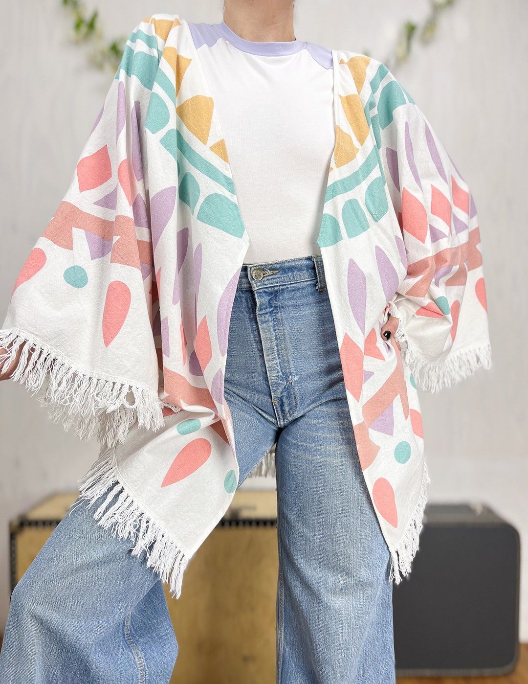 Upcycled Oversized Robe White & Pastels Mandala Print Cover up Robe ...