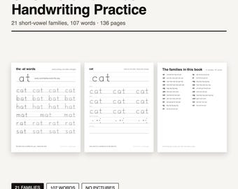 Exercices d'écriture : familles de mots CVC | Cahier d'exercices imprimable de 136 pages | 21 familles de voyelles courtes, 107 mots | Phonétique maternelle