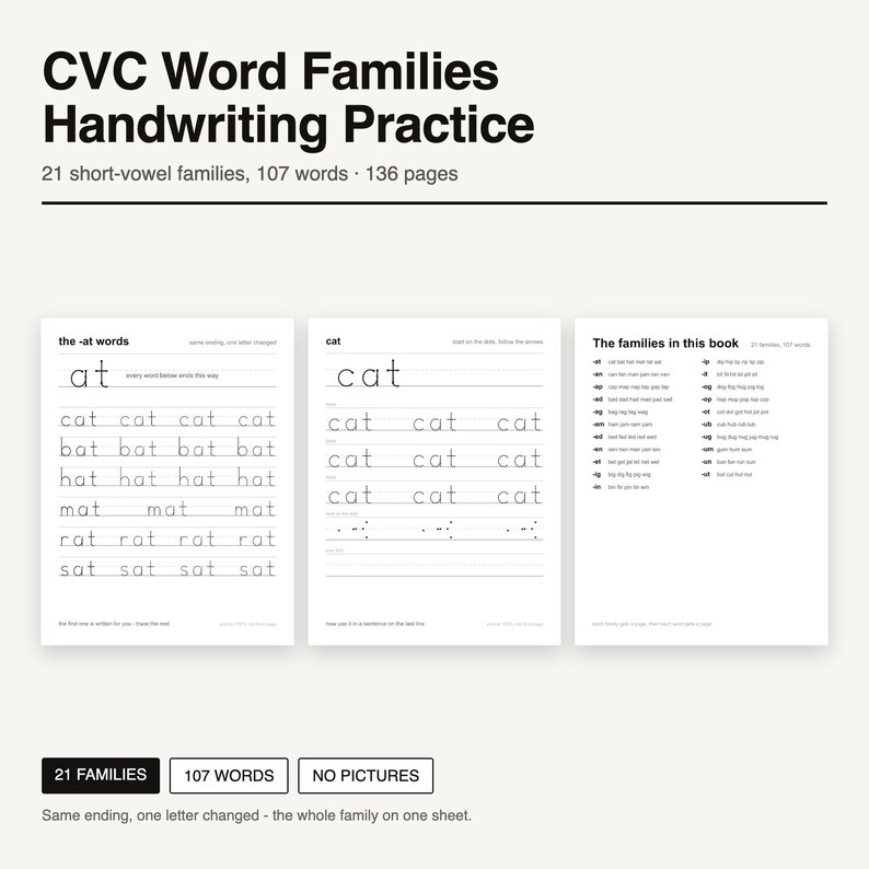 May include: A CVC Word Families Handwriting Practice book featuring 136 pages of educational worksheets. The cover displays the title, 21 short-vowel families, and 107 words. Three sample pages show tracing exercises for words like cat, bat, and hat.