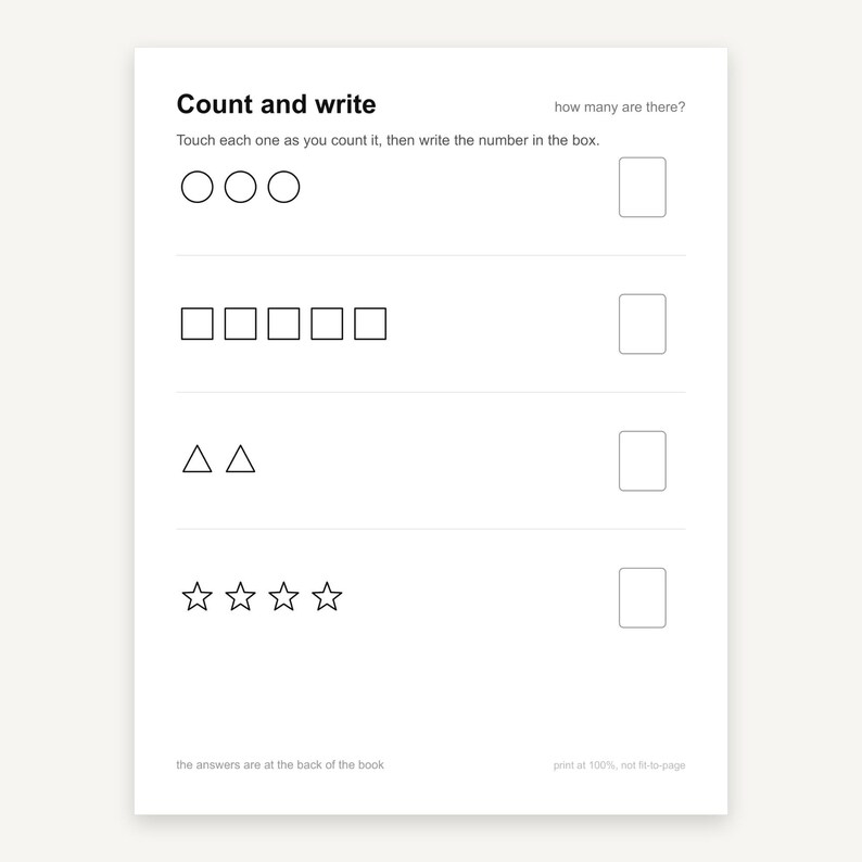 Pode incluir: Uma folha de exerc&iacute;cios educativa em preto e branco intitulada Count and write, how many are there? Apresenta quatro linhas de formas: tr&ecirc;s c&iacute;rculos, cinco quadrados, dois tri&acirc;ngulos e quatro estrelas, com uma caixa vazia para o total.