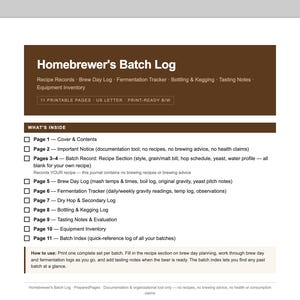 May include: A printable Homebrewer's Batch Log document featuring a brown header with white text. It lists 11 pages including a cover, recipe records, brew day log, fermentation tracker, bottling and kegging log, tasting notes, and equipment inventory.