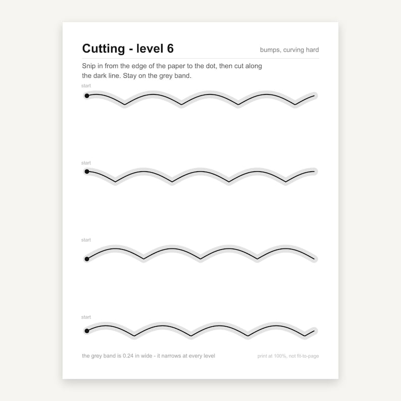 May include: A white paper worksheet titled Cutting - level 6, featuring four horizontal rows of wavy black lines with grey bands. Each row includes a start dot and instructions to snip from the edge. The grey band is 0.24 inches wide.