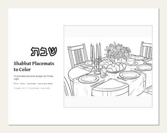 Shabbat Placemat Coloring + 4 Bonus Jewish Printables | Challah Cover, Candles, Havdalah, Rosh Hashanah, Sukkot | 72 Pages