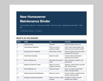 New Homeowner Maintenance Binder Printable PDF | Home Systems Reference Seasonal Checklists Service Records Appliance Tracker