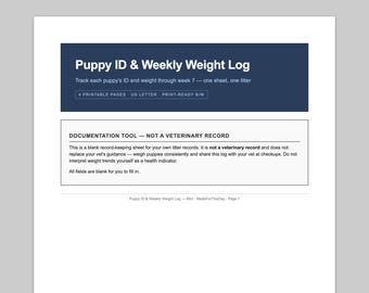 Puppy ID & Weekly Weight Log Printable PDF | Single Litter Form