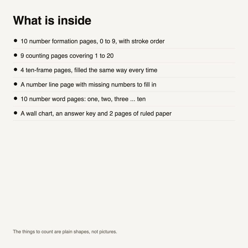 Pode incluir: Uma lista informativa branca intitulada What is inside, detalhando o conte&uacute;do educacional: 10 p&aacute;ginas de forma&ccedil;&atilde;o de n&uacute;meros, 9 p&aacute;ginas de contagem, 4 p&aacute;ginas de quadros de dez, uma linha num&eacute;rica, 10 p&aacute;ginas de palavras num&eacute;ricas, um cartaz e 2 p&aacute;ginas pautadas.