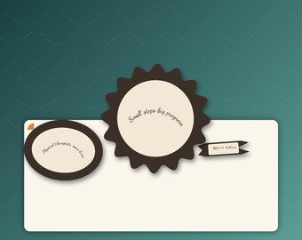 May include: A rectangular cream-coloured card featuring a dark brown oval with the text "Physical therapists move lives," a dark brown starburst shape with the text "Small steps big progress," and a small dark brown banner with "Motion is medicine."