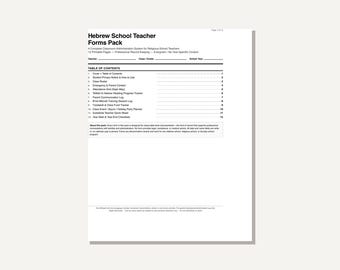 May include: A white document titled Hebrew School Teacher Forms Pack, featuring a table of contents with twelve items including a class roster, attendance grid, and various logs for a religious school classroom administration system.