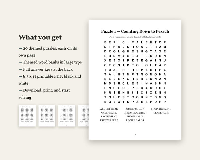 Passover Word Search Large Print + 4 Bonus Jewish Printables | 20 Pesach Puzzles, High Holidays, Sukkot, Shabbat | 5 Files image 4