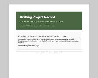 Knitting Project Record — Printable PDF | Single Project Page