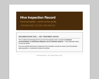 Hive Inspection Record — Printable PDF | Single Inspection Form