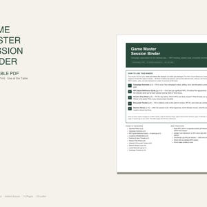 May include: A printable Game Master Session Binder PDF document featuring a dark green header with white text. The page includes instructions on how to use the binder, a list of included pages, and best practices for campaign organization.