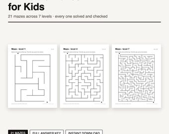 Labyrinthes à imprimer pour enfants | 21 labyrinthes répartis sur 7 niveaux | Cahier d'activités de 45 pages avec corrigé complet | Téléchargement instantané