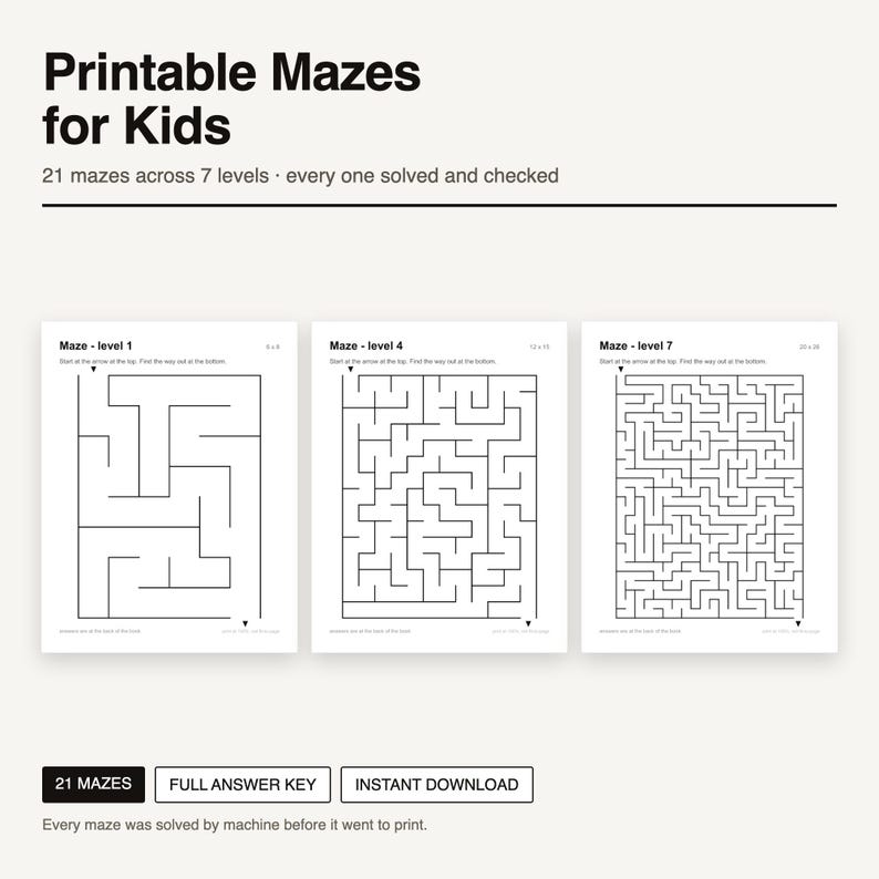 May include: A collection of printable mazes for kids featuring 21 puzzles across 7 levels. The document displays three sample pages labeled Maze - level 1, 4, and 7, each with black lines on a white background. Includes a full answer key.