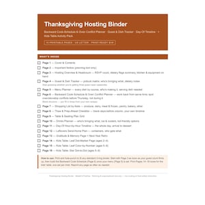 May include: A Thanksgiving Hosting Binder document with a brown header and white text. It lists 16 printable pages including a cover, guest tracker, menu planner, cook schedule, shopping list, seating plan, and kids' table activity pages for US Letter.